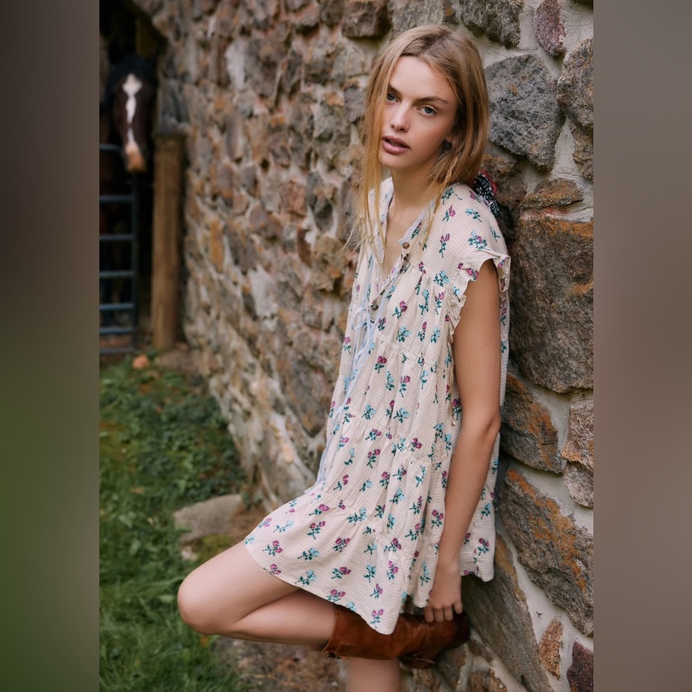 FREE PEOPLE Sundown Tunic Dress NWT Ditsy Floral Button Down Bows